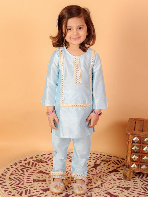 Vastramay SISHU Girls' Aqua Blue Viscose Kurta And Straight Pant Set